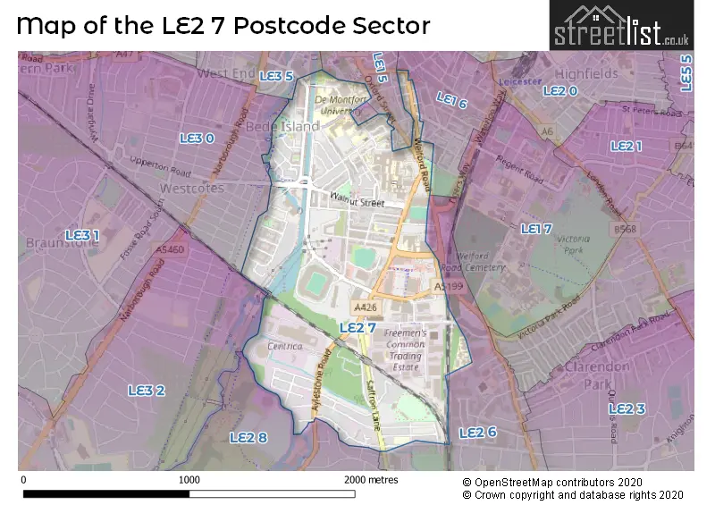 Map of the LE2 7 and surrounding postcode sector