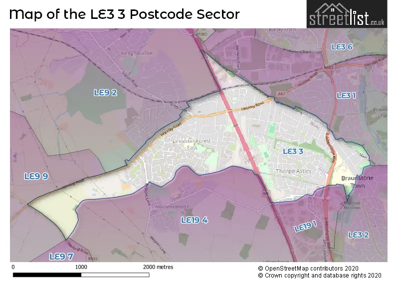 Map of the LE3 3 and surrounding postcode sector