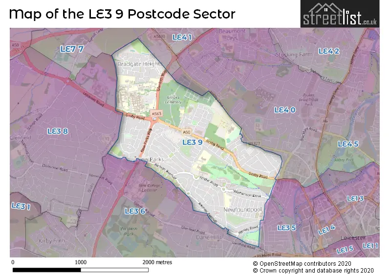 Map of the LE3 9 and surrounding postcode sector