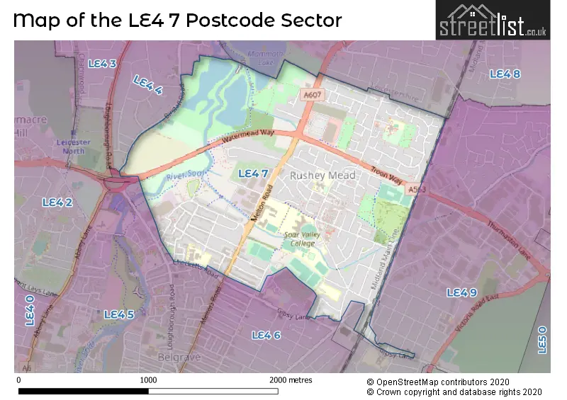 Map of the LE4 7 and surrounding postcode sector