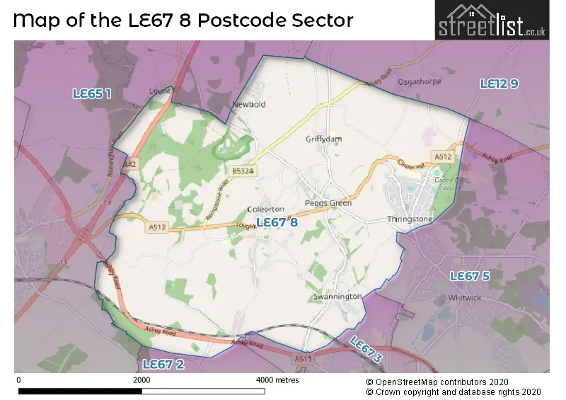 Map of the LE67 8 and surrounding postcode sector