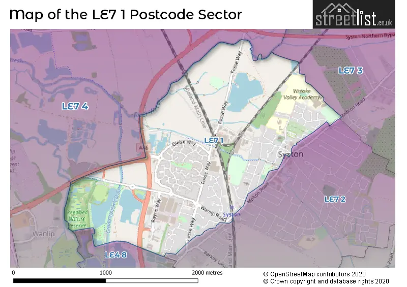 Map of the LE7 1 and surrounding postcode sector