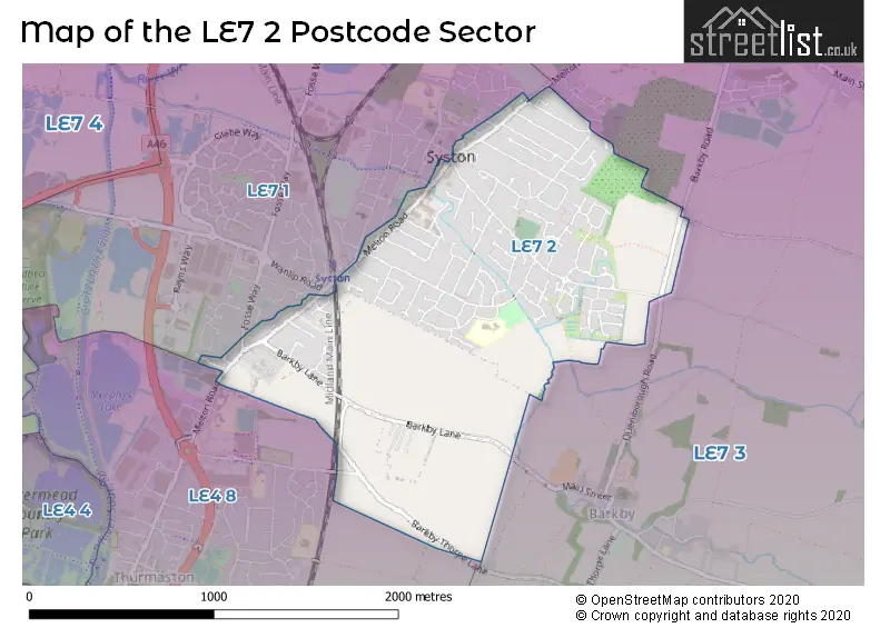 Map of the LE7 2 and surrounding postcode sector