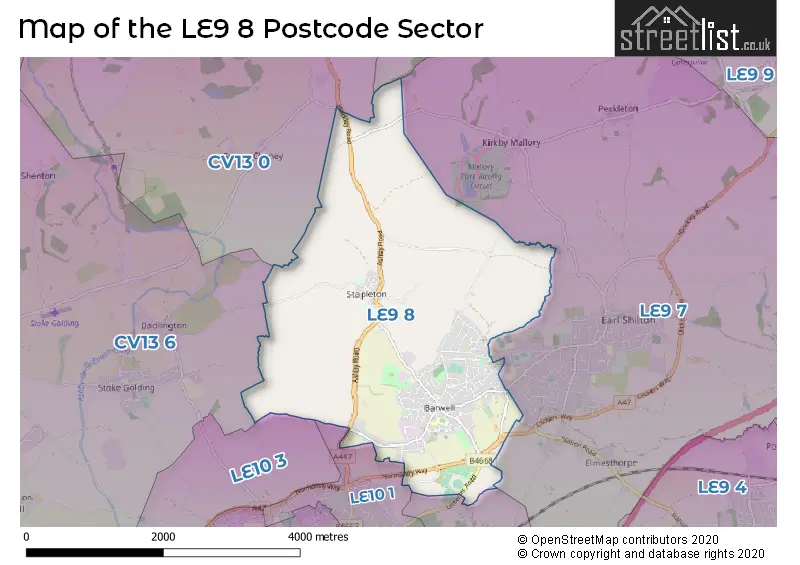 Map of the LE9 8 and surrounding postcode sector