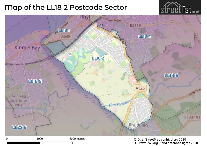 Map of the LL18 2 and surrounding postcode sector