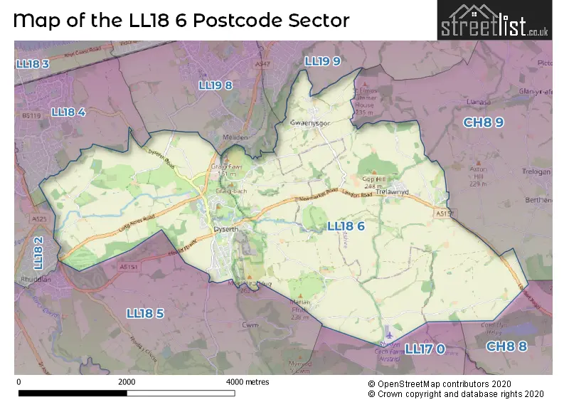 Map of the LL18 6 and surrounding postcode sector