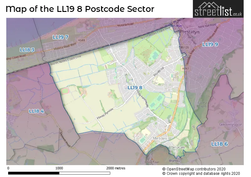 Map of the LL19 8 and surrounding postcode sector