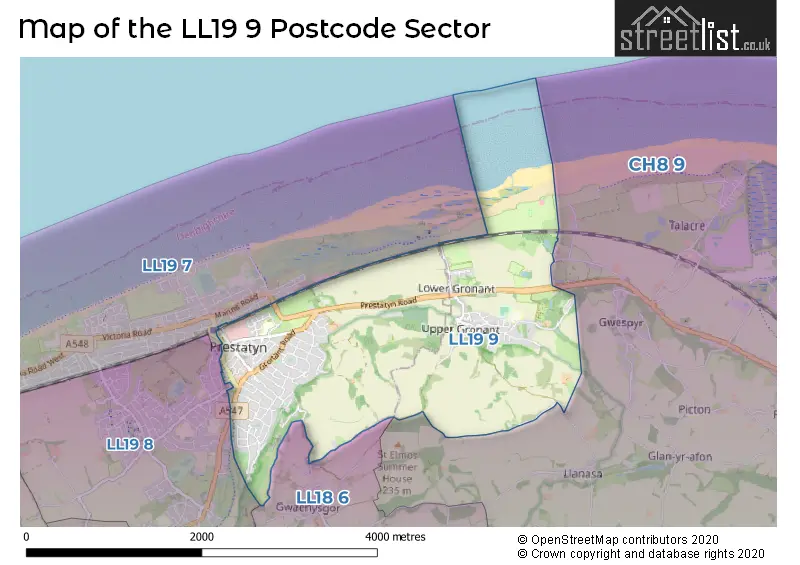 Map of the LL19 9 and surrounding postcode sector