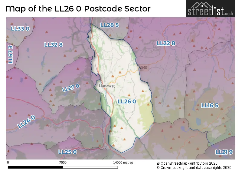 Map of the LL26 0 and surrounding postcode sector