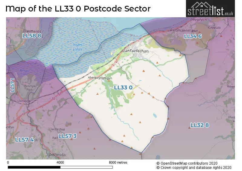 Map of the LL33 0 and surrounding postcode sector