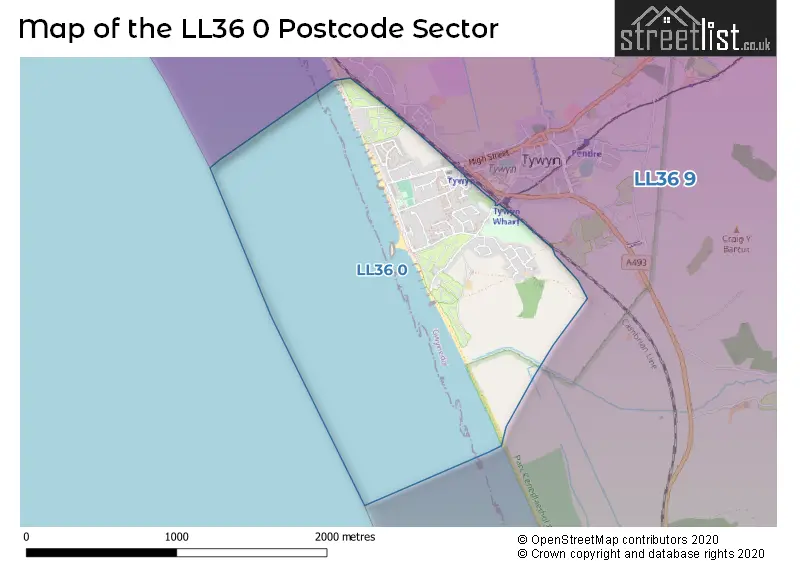 Map of the LL36 0 and surrounding postcode sector