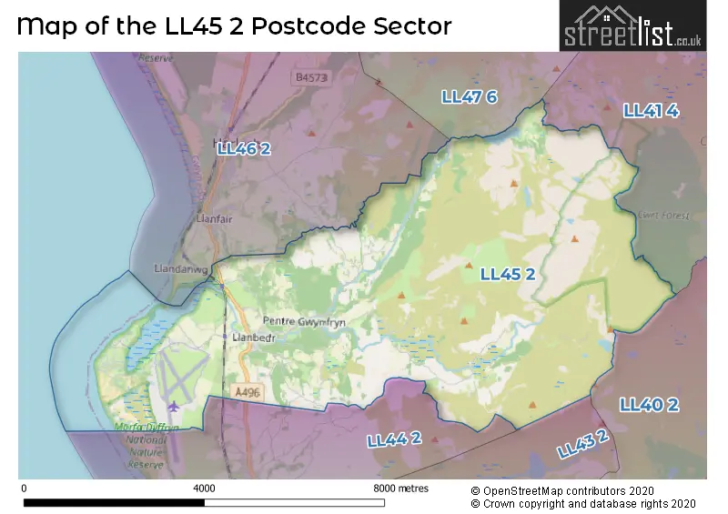 Map of the LL45 2 and surrounding postcode sector