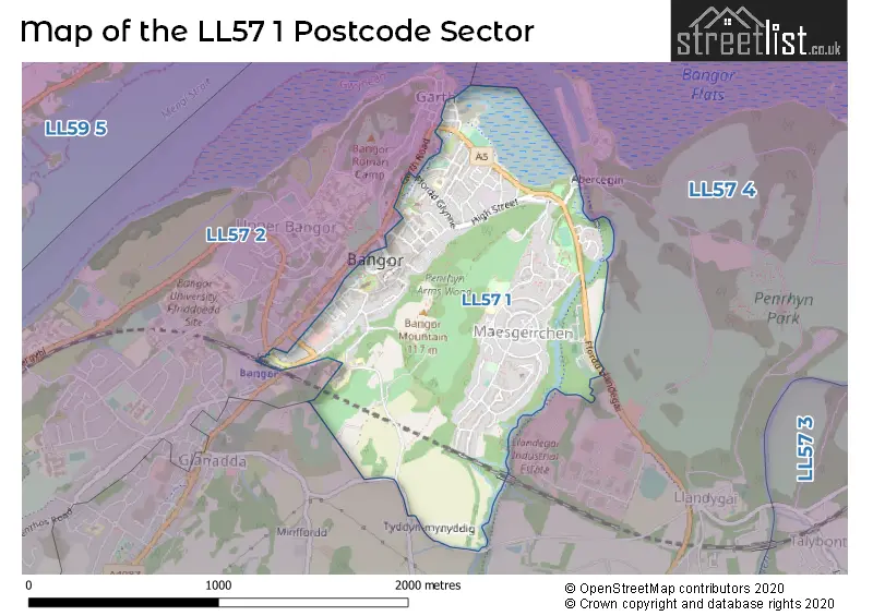 Map of the LL57 1 and surrounding postcode sector