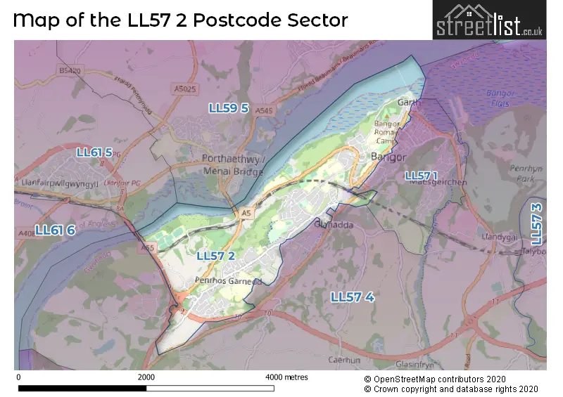 Map of the LL57 2 and surrounding postcode sector