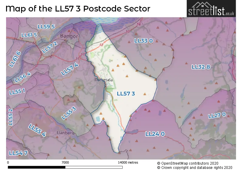 Map of the LL57 3 and surrounding postcode sector