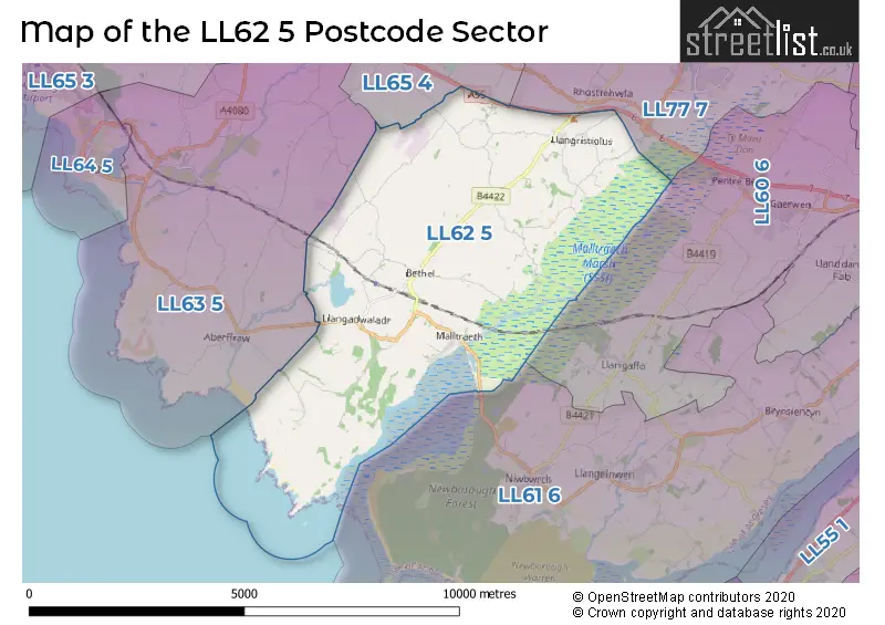 Map of the LL62 5 and surrounding postcode sector