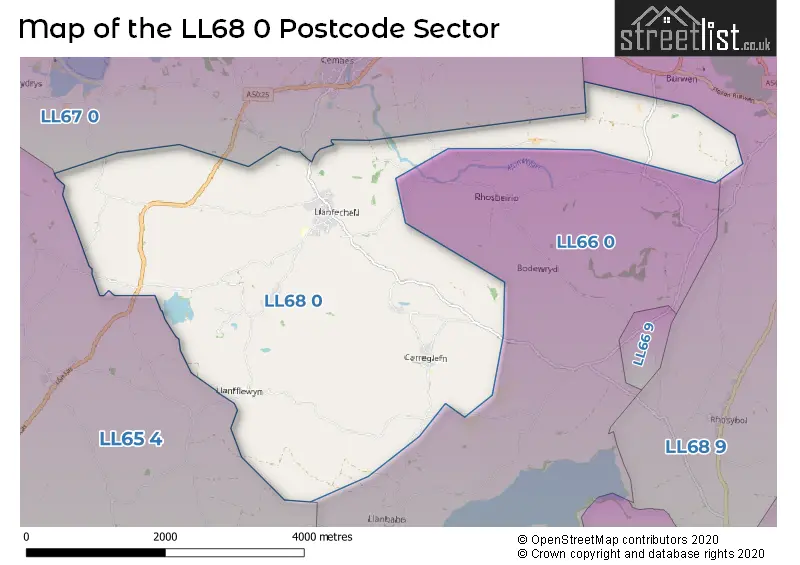 Map of the LL68 0 and surrounding postcode sector