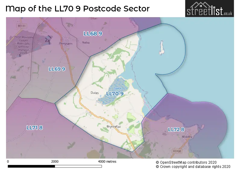 Map of the LL70 9 and surrounding postcode sector