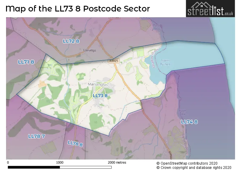 Map of the LL73 8 and surrounding postcode sector