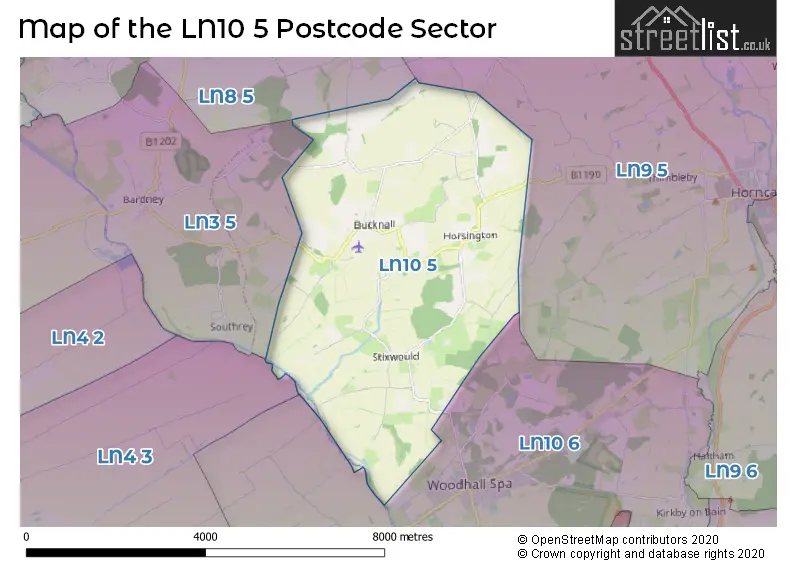 Map of the LN10 5 and surrounding postcode sector