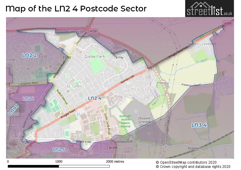 Map of the LN2 4 and surrounding postcode sector