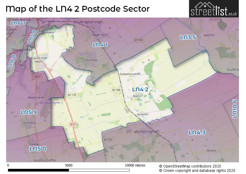 Map of the LN4 2 and surrounding postcode sector