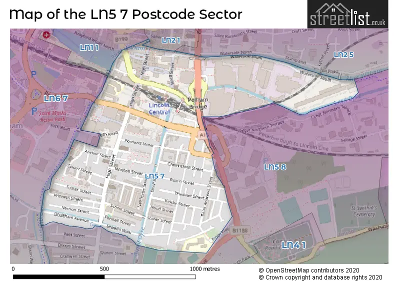 Map of the LN5 7 and surrounding postcode sector