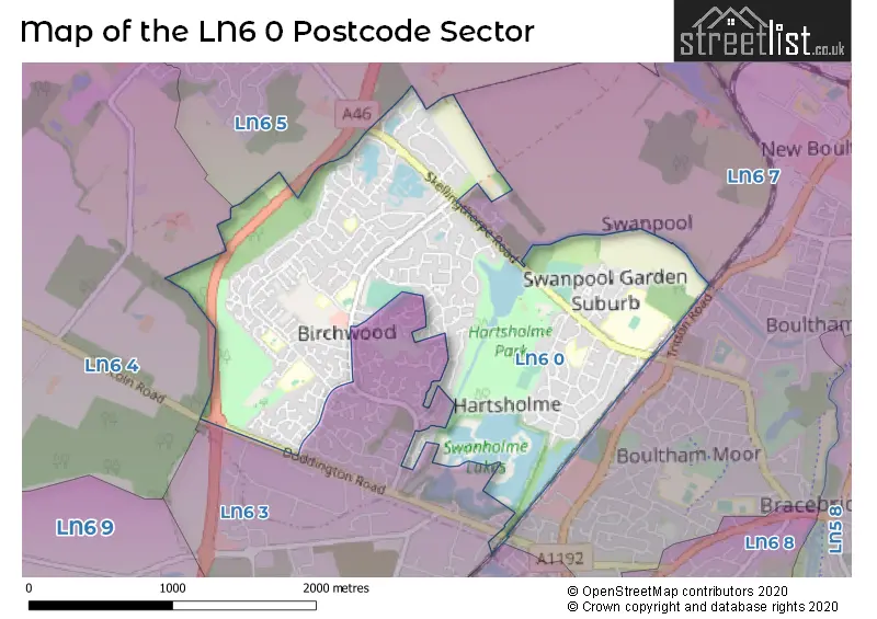 Map of the LN6 0 and surrounding postcode sector