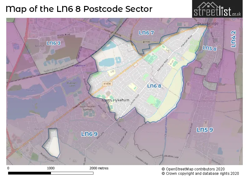 Map of the LN6 8 and surrounding postcode sector