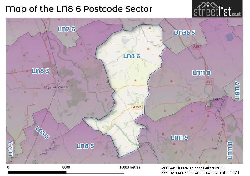 Map of the LN8 6 and surrounding postcode sector