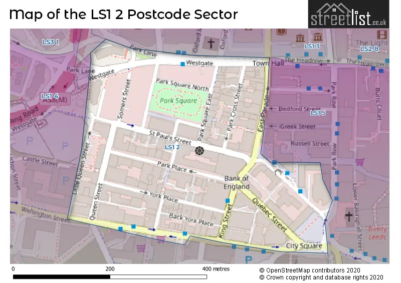 Map of the LS1 2 and surrounding postcode sector