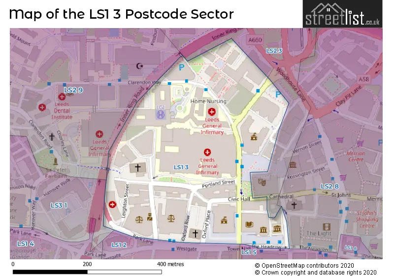 Map of the LS1 3 and surrounding postcode sector