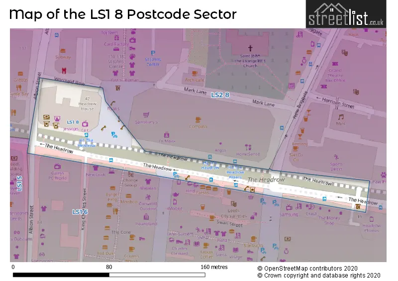 Map of the LS1 8 and surrounding postcode sector