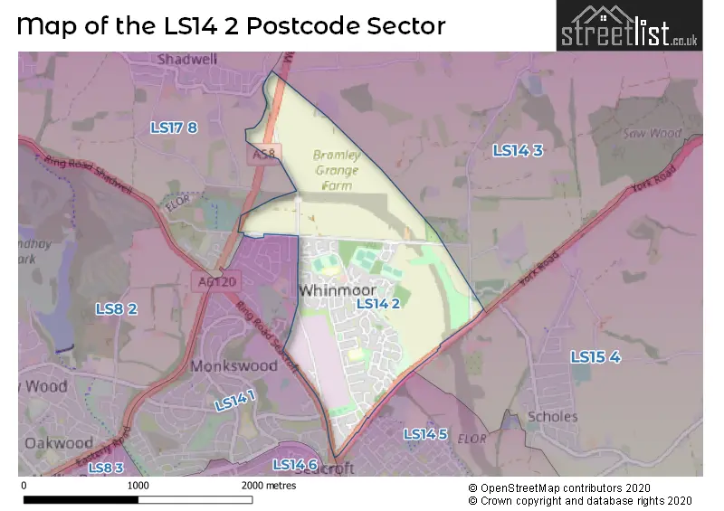 Map of the LS14 2 and surrounding postcode sector