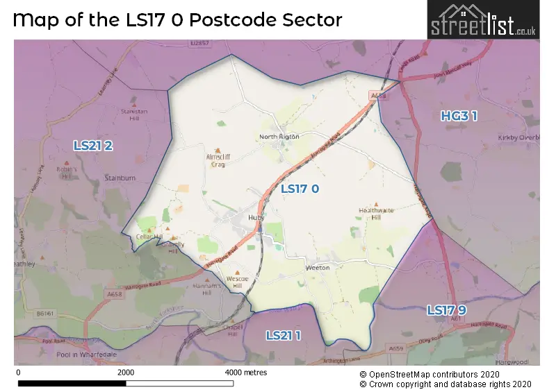 Map of the LS17 0 and surrounding postcode sector