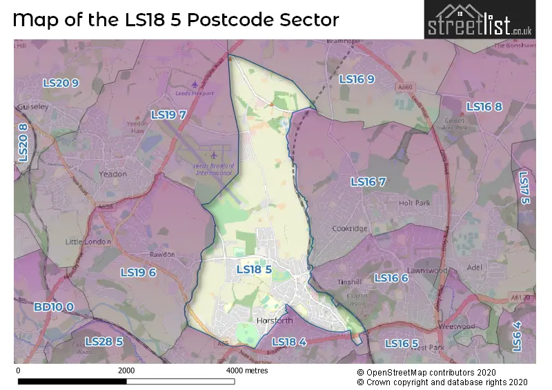 Map of the LS18 5 and surrounding postcode sector