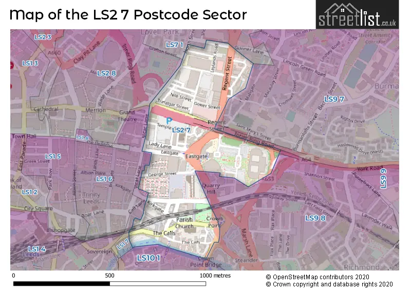 Map of the LS2 7 and surrounding postcode sector