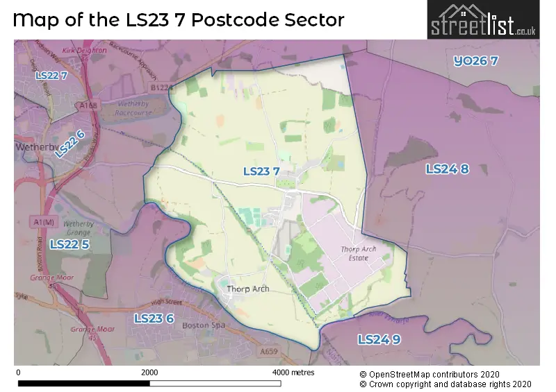 Map of the LS23 7 and surrounding postcode sector