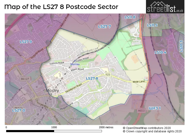 Map of the LS27 8 and surrounding postcode sector