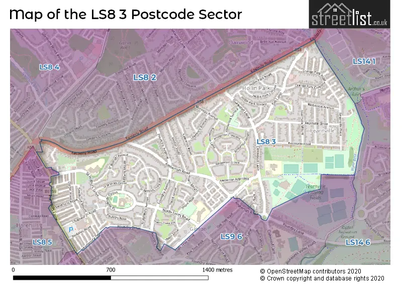 Map of the LS8 3 and surrounding postcode sector