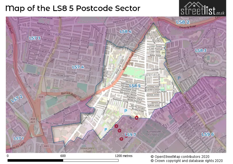 Map of the LS8 5 and surrounding postcode sector