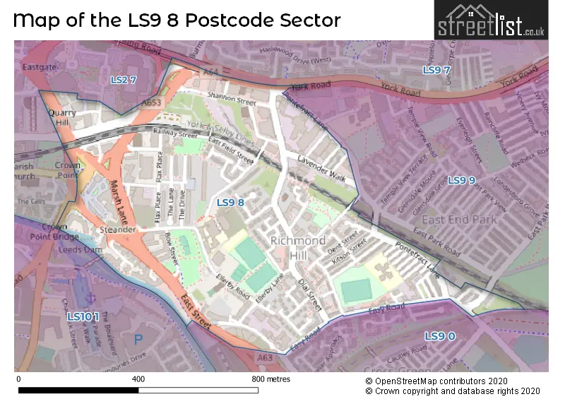 Map of the LS9 8 and surrounding postcode sector