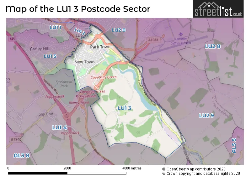 Map of the LU1 3 and surrounding postcode sector