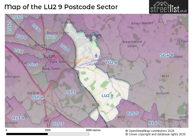 Map of the LU2 9 and surrounding postcode sector