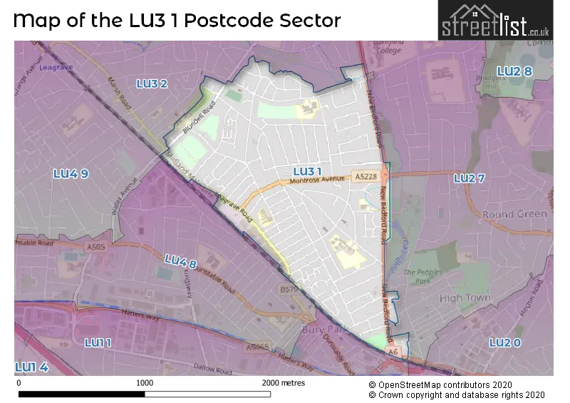 Map of the LU3 1 and surrounding postcode sector