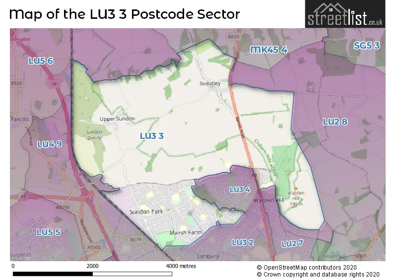 Map of the LU3 3 and surrounding postcode sector