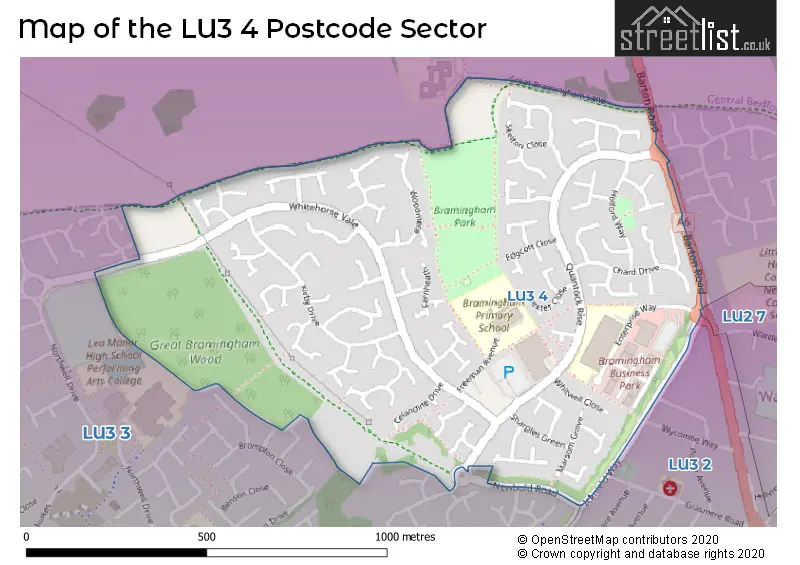 Map of the LU3 4 and surrounding postcode sector