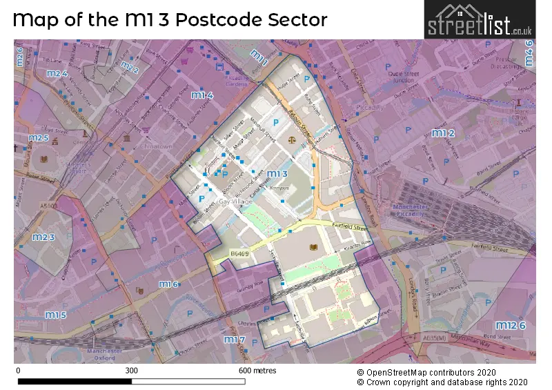 Map of the M1 3 and surrounding postcode sector