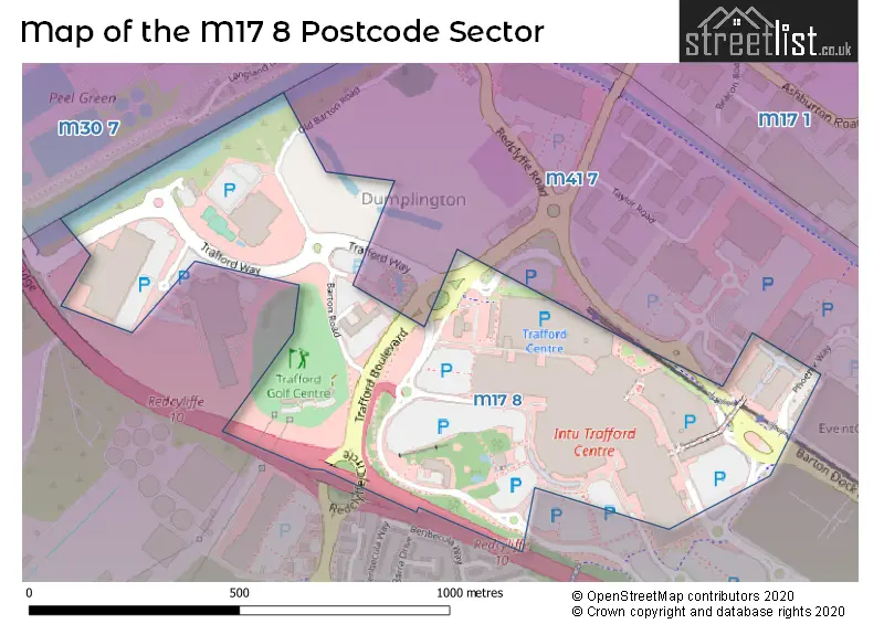 Map of the M17 8 and surrounding postcode sector