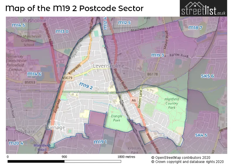 Map of the M19 2 and surrounding postcode sector